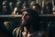 Jesus Christ crucified. On the cross with crown of thorn.close-up