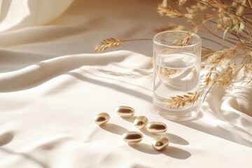 Wall Mural - Neutral beige tablecloth with white capsules  glass  and dried grass.