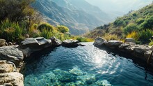  A Natural Hot Spring Pool In A Scenic Mountainous Environment, Embraced By Rocks And Vegetation