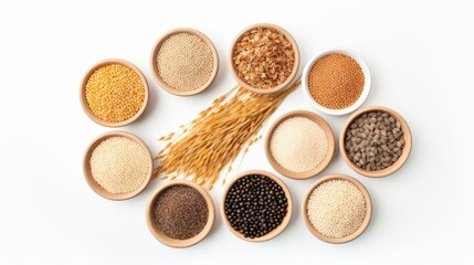 Wall Mural - Top view of a variety of cereals in bowls on a white isolated background.