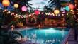A festive pool area adorned with colorful decorations, string lights, and a dance floor