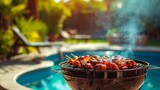 Fototapeta Góry - A poolside barbecue party with sizzling grills, delicious aromas, and casual summer vibes