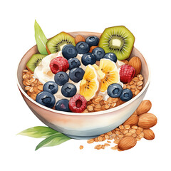 Wall Mural - Smoothie bowl Breakfast healthy dish, banana oatmeal and blueberry brunch. Vegan food, png isolated on a transparent background, watercolor clipart illustration