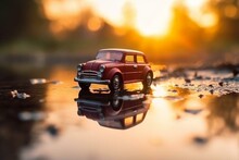 Toy Car With Sunset Bokeh, Reflection In Puddle. Generative AI