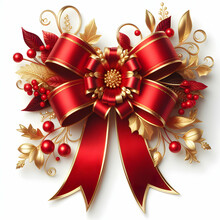 Red Ribbon And Bow With Gold Leaves, Isolated Against White Background