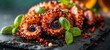 Fried octopus on a black plate with basil leaves