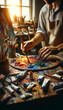Künstler mischt Farben auf Palette im Atelier