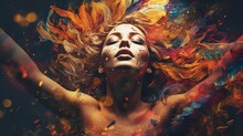 Surreal Portrait Of A Woman With Vibrant, Exploding Colors Symbolizing Creativity And Imagination.