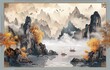 Silk painting landscape, Chinese wallpaper landscape, 3d wallpaper, in the style of symbolic figurative landscapes, gray amber, lively seascapes, flat yet expressive, 8k resolution, detailed scene.
