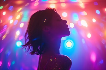 Wall Mural - Silhouette of a woman dancing, colorful bokeh lights background.