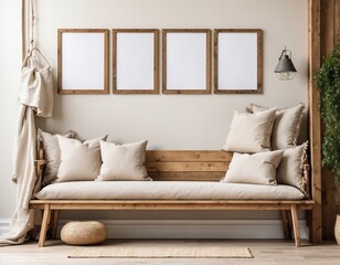 Wooden rustic bench with pillows against wall with two poster blank frames. Country farmhouse interior design of modern home