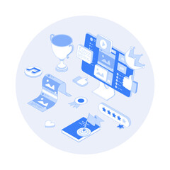Wall Mural - High Quality Content. Content marketing and optimization. Adding photos, videos, posts to the website, blog or social network. Vector outline illustration with isometry scene for web graphic