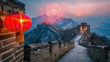 Animation Chinese New Year Ornaments And Lantern Along The Great Wall Of China In The Morning. Seamless 4k Video Looping Background. Generated With Ai