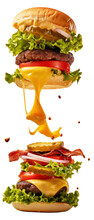 Deconstructed Falling Cheeseburger With Lettuce, Tomatoes And Pickles, On Transparent Background