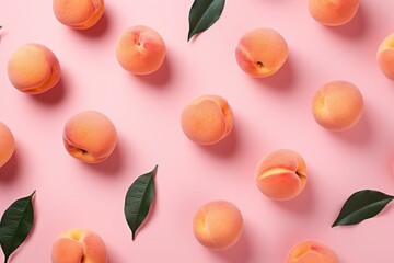 Wall Mural - Fresh apricot or peach on light orange background. Colorful fruit pattern. Creative food concept. Vegan, vegetarian. Peach fuzz color. Flat lay, top view