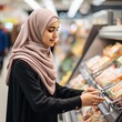 © aljna - A Muslim girl in a hijab chooses groceries in a grocery store.