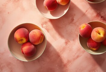 Wall Mural - Fresh apricot or peach in bowl on light pink textured background. Creative food concept. Vegan, vegetarian. Peach fuzz color. Flat lay, top view with copy space