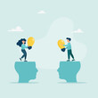 © STANISLAV - Businessman and businesswoman open from human brain to exchange ideas about business light bulbs. Exchange brainstorming ideas, knowledge, creativity and innovation. Flat vector illustration.