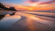 A Serene Sunset Beach Walk: A Couple's Intimate Moment Captured In Golden And Pink Hues, Reflecting On Wet Sand, Symbolizing Their Indelible Path Of Love And Togetherness.