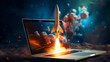 Illustration of a rocket taking off from laptop screen. Generative AI

