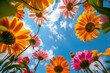 colorful flowers with sunny blue sky shot from below, low angle wide lens