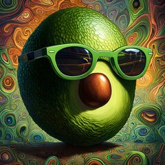 Wall Mural - illustration of a psychedelic cartoon cool looking avocado wearing sunglasses 