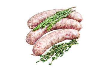 Wall Mural - Raw homemade pork meat sausages in skins with herbs.  Transparent background. Isolated.