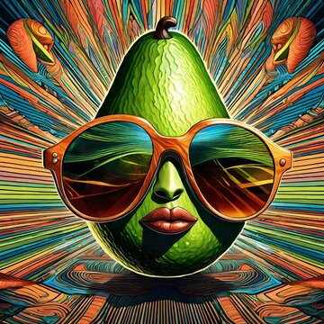 illustration of a psychedelic cartoon cool looking avocado wearing sunglasses 
