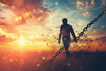 A person breaking the chains that are holding them down, autonomy, personal development, liberty concept