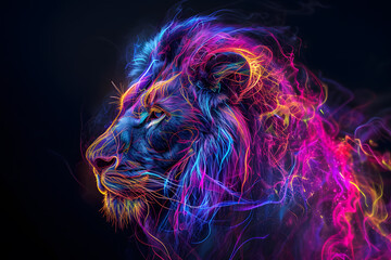 Colorful neon lion on a black background