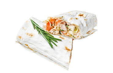 Wall Mural - Shawarma roll sandwich in a lavash with chicken, beef, mushrooms, cheese.  Transparent background. Isolated.