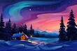 little wooden house on polar lights sky background in winter illustration