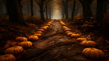Pumpkins In The Woods Along A Dirt Path