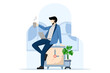 businessman relaxing with a cup of coffee or tea with alarm clock, Time off concept, free from boredom, sleepy and tired concept, coffee break time to relax and refresh from long intervals of stress.