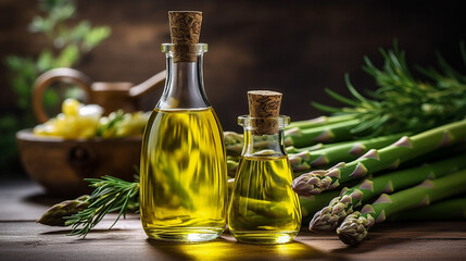 Wall Mural - essential oil of asparagus on a wooden table