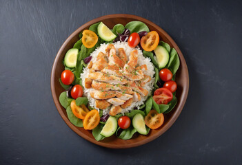 Wall Mural - Chicken and vegetable salad on wooden plate with dark blue slate background, top view with space for text.