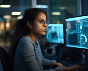 Software developers in the modern environment. Show instructions on the computer screen and technological equipment. The background is softly blurred.