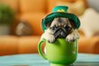 Cute pug puppy inside a mug in a leprechaun hat