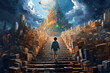 A boy walking up stairs made from books into an imagination fantasy world.