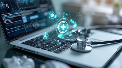 Medical technology, online health, telemedicine concept. Laptop computer and stethoscope electronic health record in hospital with icons on virtual screen.