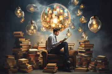 Wall Mural - A man reading books is granted with knowledge, ideas and imaginations