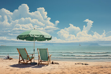 Leinwandbilder - Modern Beach Chairs with Umbrella on a Sand Ocean Beach extreme closeup. Generative AI
