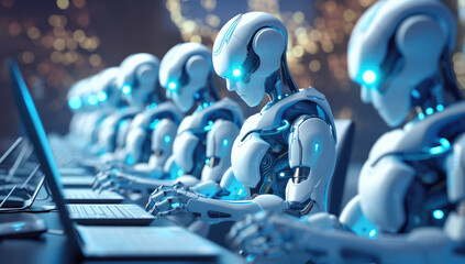 Artificial Intelligence Concept. Group of Robots Sitting at Desks and Using Laptops for Education or Works extreme closeup. Generative AI