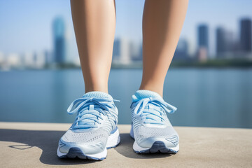 Jogger in blue sneakers poised to start a run on an urban riverside path, with the city skyline as a dynamic backdrop