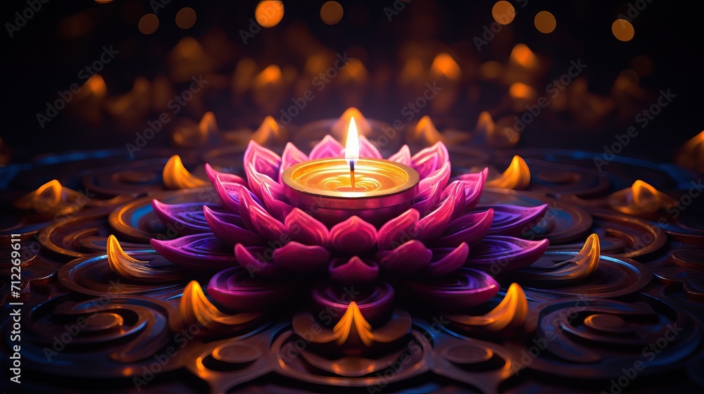 Burning colorful diya oil lamp elements on dark background. Happy ...