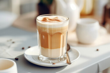 Still life of a beige latte in a glass on the table