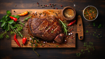 Wall Mural - Juicy grilled meat on the table with rosemary top view