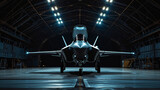 An F-35 aircraft in a hangar at the air base, on a black background. Military aircraft.