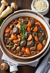 Wall Mural - Hearty beef stew with mushrooms and vegetables.