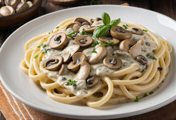 Wall Mural - Creamy Chicken and Mushroom Linguine Alfredo in a Bowl
